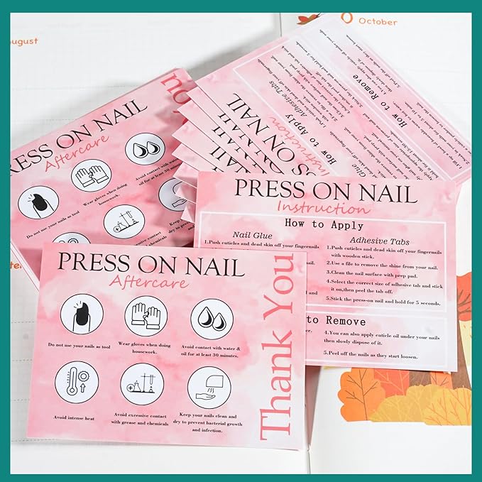 50pcs Press on Nail Instructions and Aftercare Cards 4.25 * 3.15in,Press on Nail Display Cards Manicure Usage Application Guides Supplies for Small Business(Pink, 50pcs)