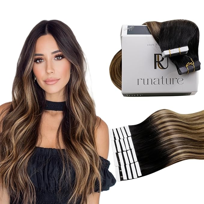 RUNATURE Tape in Hair Extensions Real Human Hair Balayage, Remy Human Hair Tape in Extensions for Women, Black to Caramel Blonde Tape ins Extensions, Heat Resistant, 22 Inch 50g 20pcs