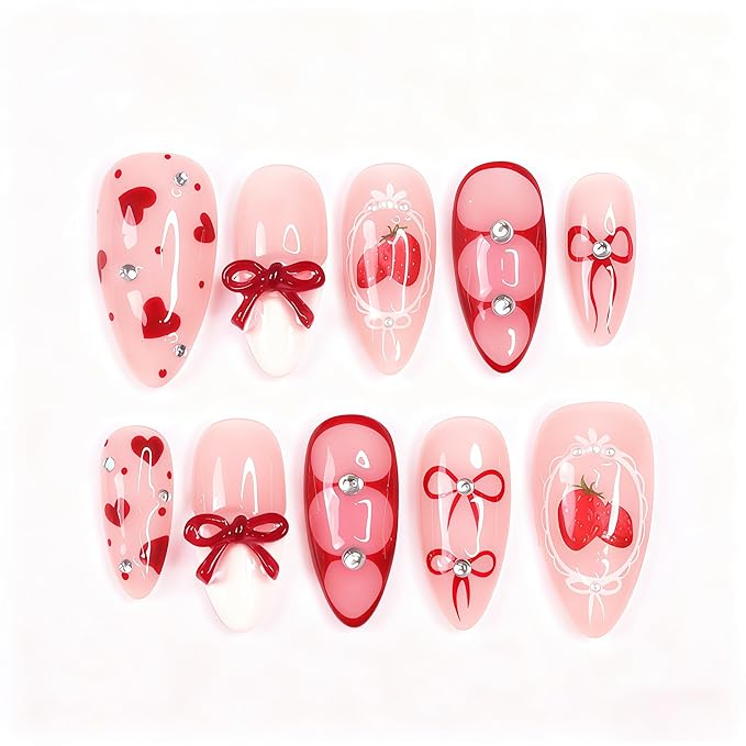30pcs Valentines Press on Nails Medium Almond Fake Nails with Bow Heart Strawberry Rhinestones Designs White French Tip False Nails Cute Romantic Red Heart Valentine Full Cover Glue on Nail for Women