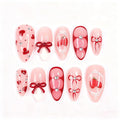 30pcs Valentines Press on Nails Medium Almond Fake Nails with Bow Heart Strawberry Rhinestones Designs White French Tip False Nails Cute Romantic Red Heart Valentine Full Cover Glue on Nail for Women