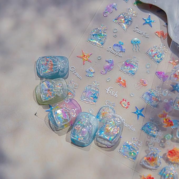 Goldfish Nail Stickers Cute Nail Art Decals Koi Fish Nail Art Stickers Cute Self Adhesive 5D Embossed with Ocean Design Nail Decals for Women Girls Kid Manicure Charms Supply Decoration 2Pcs