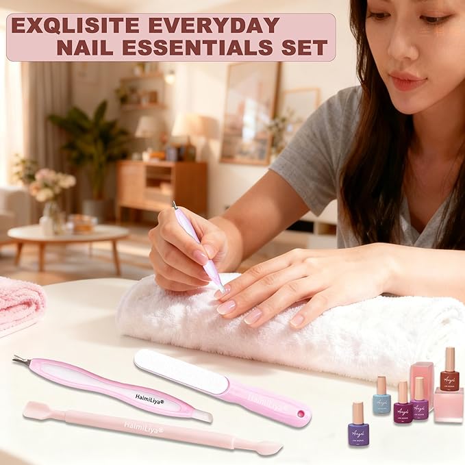 Classic 3Pcs Manicure Set, Gentle Plastic Pusher, Double-ended Cuticle Fork, Sandpaper File, At-Home Mani Essential, Pink