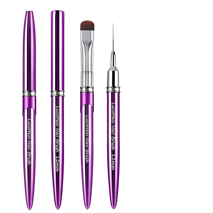 Nail Art Brushes Set 2-Piece: French Tip Brush and 12mm Liner Brush for Gel Clean Up, Smile Lines & Nail Design (Purple)