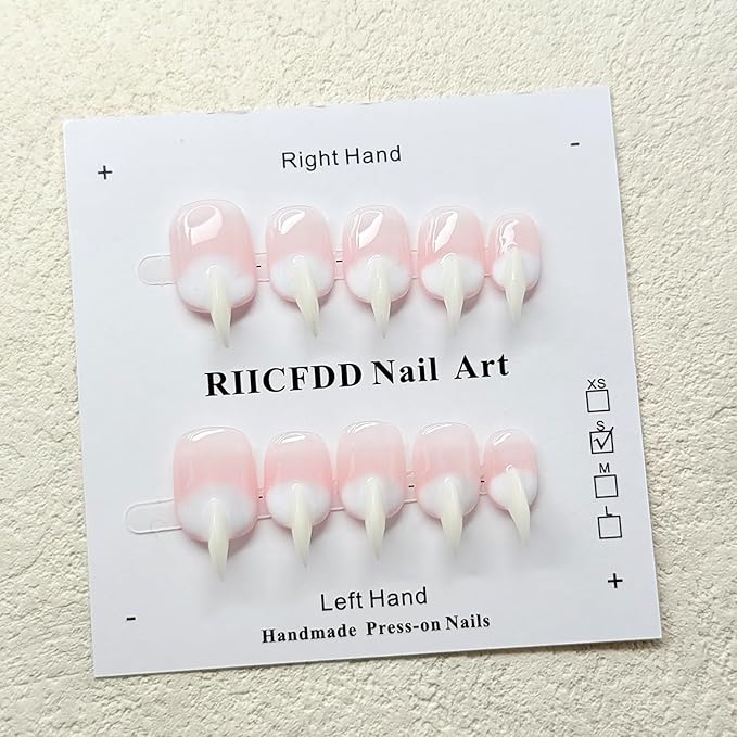 10 Pcs Handmade Press on Nails Medium Curved Stiletto Cat Claw Fake Nails Unique Pink White Designs Thick 3D Cat Claw Nails Press Ons Reusable Glossy Acrylic French Gradient Stick on Nail (S)