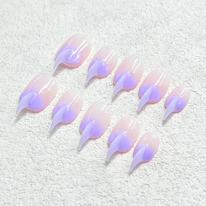 10 Pcs Curved Press on Nails Stiletto Medium Cat Claw Handmade Nails Press Ons Unique 3D Purple French Tip Cat Claw False Nails Thick Gradient Designs Stick on Nail Reusable Glossy Acrylic Nail (S)