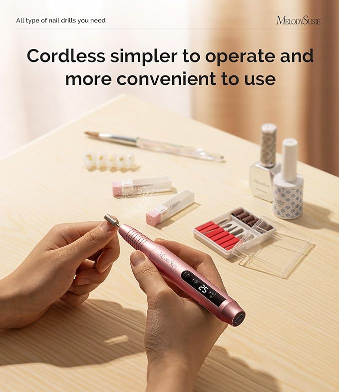 MelodySusie Pen-Shaped Portable Cordless Nail Drill,PC180G 25000RPM Rechargeable Electric File with LED Display for All Nail Care, Manicure Shaping & Acrylic Gel Removal for Nail Artists DIY at Home