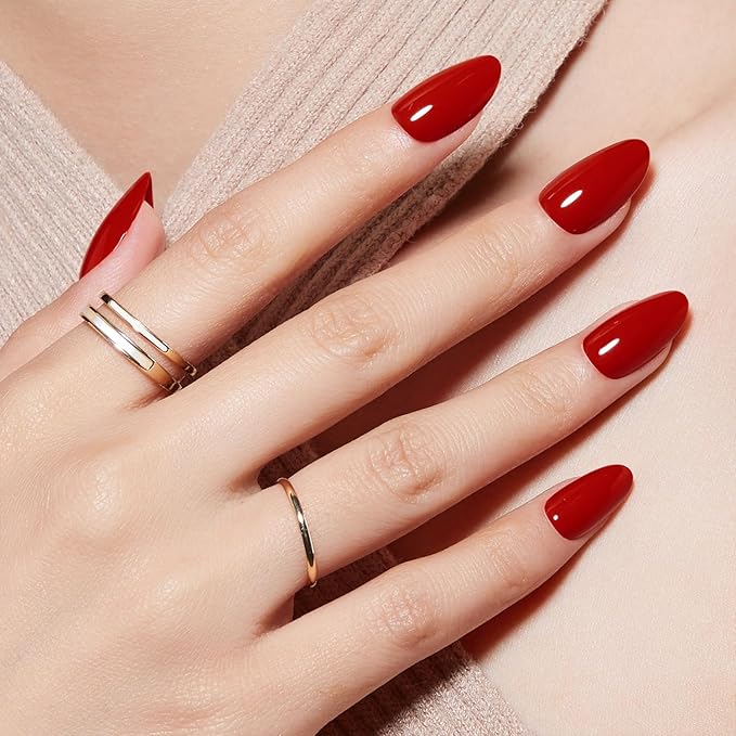 Modelones Red Press on Nails Almond, Spring Short Almond Fake Nails, Nail Kit with Nail Glue Adhesive Tabs Mini Nail File, Nails Press Ons 32 Pcs16 Sizes, Women Girl Gift