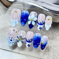 100% Handmade Press on Nails Medium Almond Handmade Nails with Blue Flower Charm Design Chinese Style Fake Nails Glossy Ombre French Tip Nail Press ons Spring Summer Acrylic Nail for Women L 10Pcs