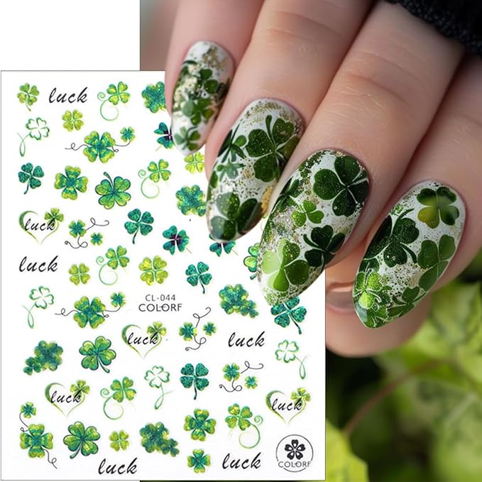 St. Patrick's Day Nail Stickers for Nail Art 3D Spring Shamrock Nail Art Stickers Self Adhesive Holographic Four Leaf Clover Nail Decals Irish St. Patrick's Day Design Stickers Supplies for Women 8Pcs