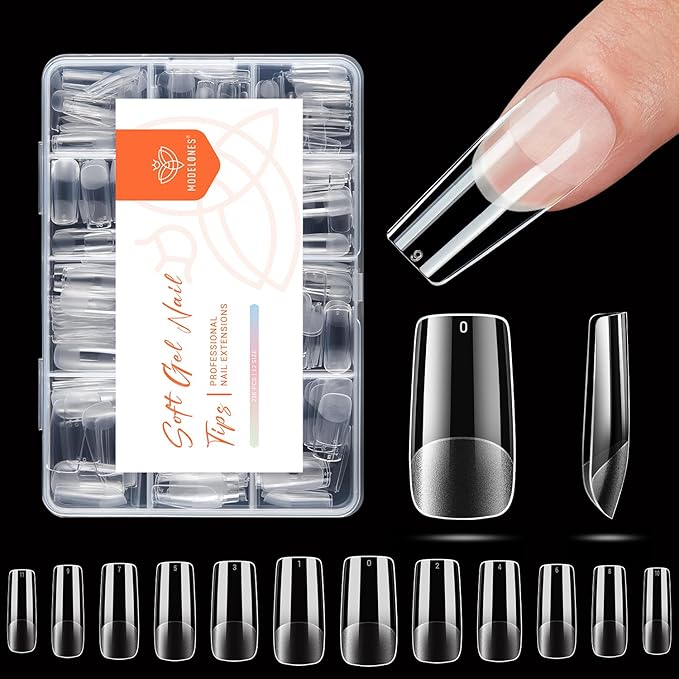 modelones Medium Square Nail Tips, Pre-shaped Soft Gel Tips Fake Nails False Acrylic Clear Full Cover Press on Extension Kit Gel Manicure DIY at Home 216PCS 12Sizes