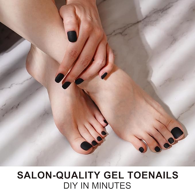 DANNI & TONI Semi Cured Gel Toenail Strips Matte Black (Black Velvet) Solid Color Glazed Gel Pedi Wraps 37 Stickers