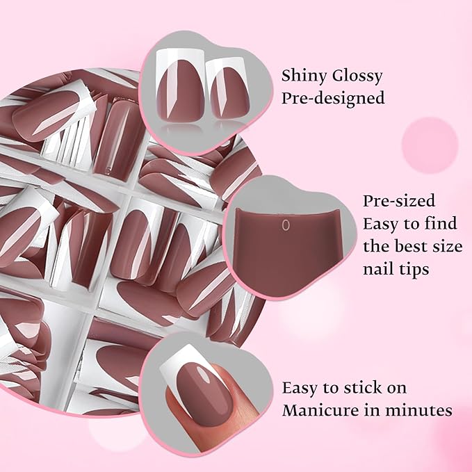 280pc French Tips Press on Nails Medium Square Fake Nail with Glue Tabs, French Tips Glue on Nails Press on Nail Square Acrylic Nails Medium Artificial Fingernails Women Girls Coffee False Nails