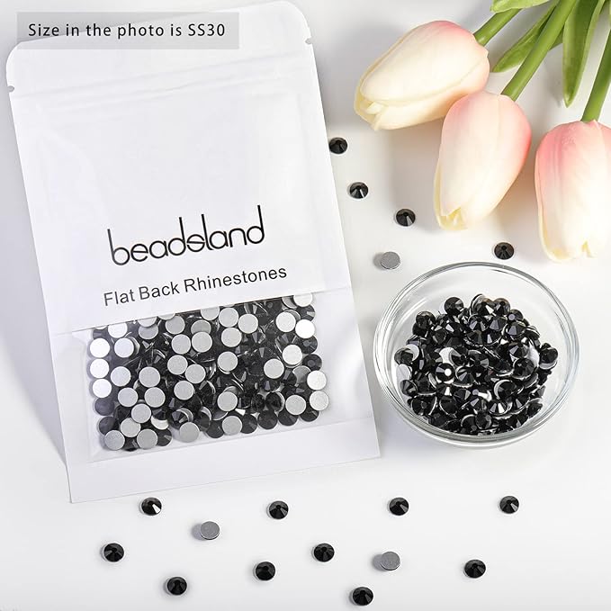 Beadsland 576pcs Flat Back Crystal Rhinestones Round Gems for Nail Art and Craft Glue Fix, Black, SS30,6.3-6.5mm