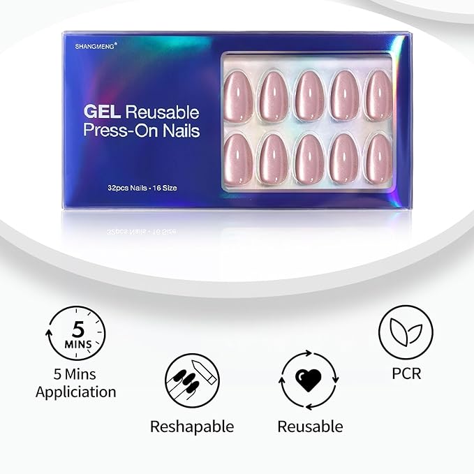 Pink Cat Eye Press on Nails Short - SHANGMENG Soft Gel Press on Nails Almond for Women Gift, Fit Perfectly & Natural Glue on Nails in 16 Sizes - 32 Reusable Fake Nails with Glue, Beige Pink