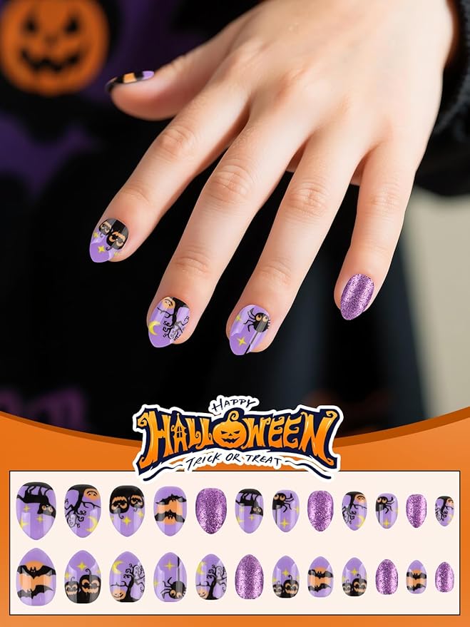 EBANKU Halloween Kid Press on Nails, 72Pcs Almond Fake Nails Kit Full Cover Orange Pumpkin Ghost Cute Design Acrylic Nails with Nail Glue for Girl