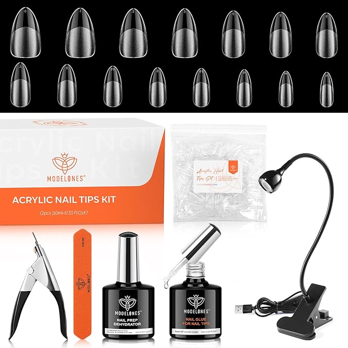 modelones X Nail Gel Kit Almond, 510Pcs Nail Tips & LED Lamp Gooseneck and Clamp, 10-in-One Glue Prep Dehydrator, 15Size Medium Almond Press on Tip Adjustable U/V Light Easy Extension DIY Women Gift
