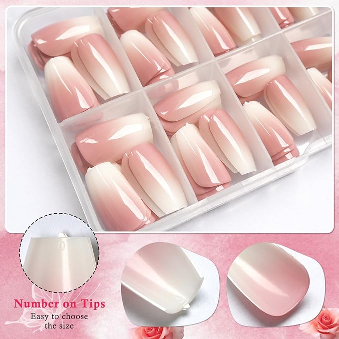 AddFavor 240pc Ombre Coffin Press on Nails Medium Fake Nails - Glue on Nails Coffin Acrylic Nails Press ons Nail Tips Medium Stick on Nails with Nail Glue and Adhesive Tabs for Women