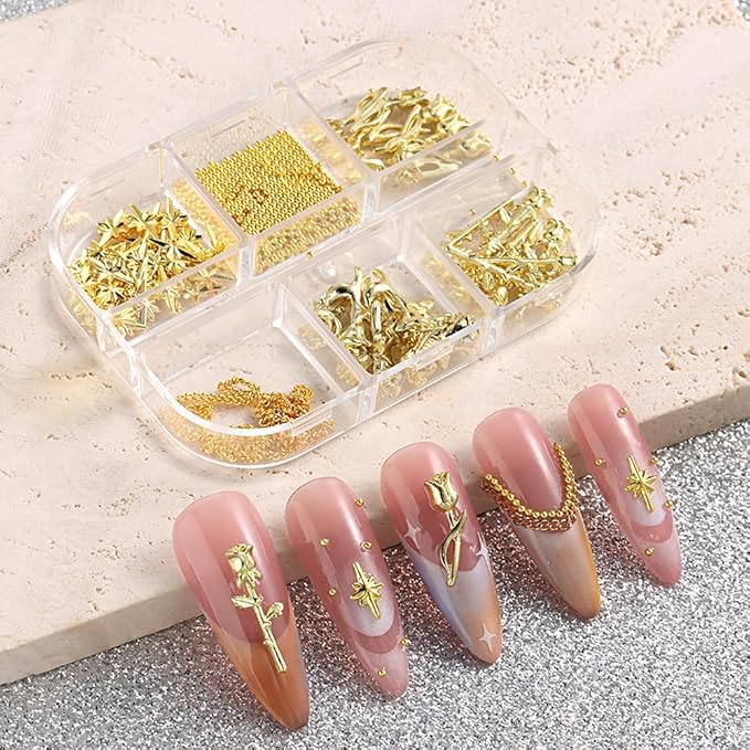 Gold Rose Art Charms, Mixed Styles 3D Metal Roses Flowers Alloy Jewels, Chains Star Beads Rivets Studs for Women Girls Nails Supplies DIY Crafts Decorations
