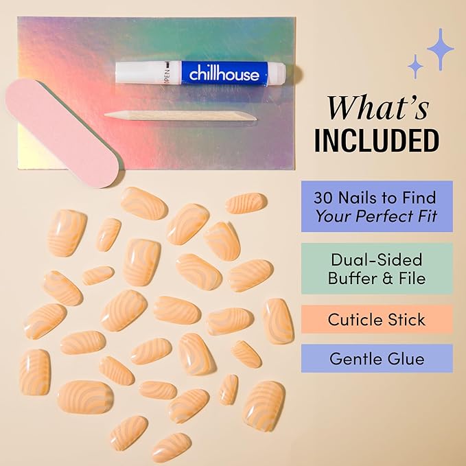 Chillhouse - Chill Tips, Press on Nails Kit - Let It Flow 2.0 (Oval) - 24 Nail Shapes & Sizes - Up to 2 Weeks of Wear - Customizable Fit - Reusable - Latina Founded & Women Owned - Beauty & Self Care