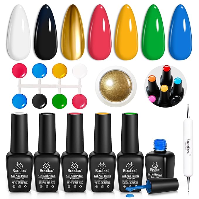 Beetles Gel Nail Polish Set with Golden Chrome, 8 Pcs Blue Green Black White Gel Polish Nails Set & Chrome Powder Double-ended Brush Soak off Uv Gift for Girls