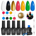 Beetles Gel Nail Polish Set with Golden Chrome, 8 Pcs Blue Green Black White Gel Polish Nails Set & Chrome Powder Double-ended Brush Soak off Uv Gift for Girls