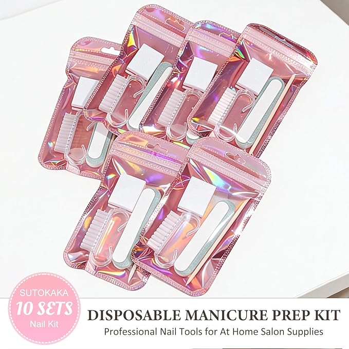 10 Sets Disposable Manicure Prep Kit for Travel Home, Portable Basics 5 in 1 Nail Salon Pedicure Kit, Professional Nail Tools Supplies, Nail File, Mini Buffer, Wood Stick & Handle Grip Brush