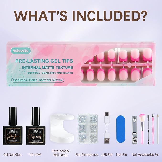 Misssix French Tip Press On Nails, 150Pcs French Gel Nail Tips, Pink Short Square Soft Gel Fake Nails, X-BASIC Tips Starter Kit for Nail Art DIY 15 Sizes