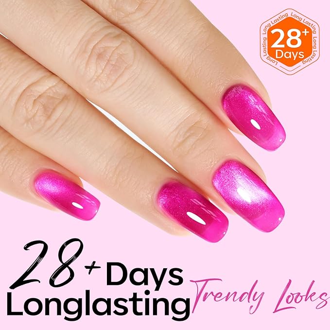 modelones Cat Eye Gel Nail Polish Pink Glitter Holographic Hot Pink Cat Eye Neon Shimmer Reflective Translucent U v Gel Magnetic Nail Polish Top Coat for Women Valentin 15ML