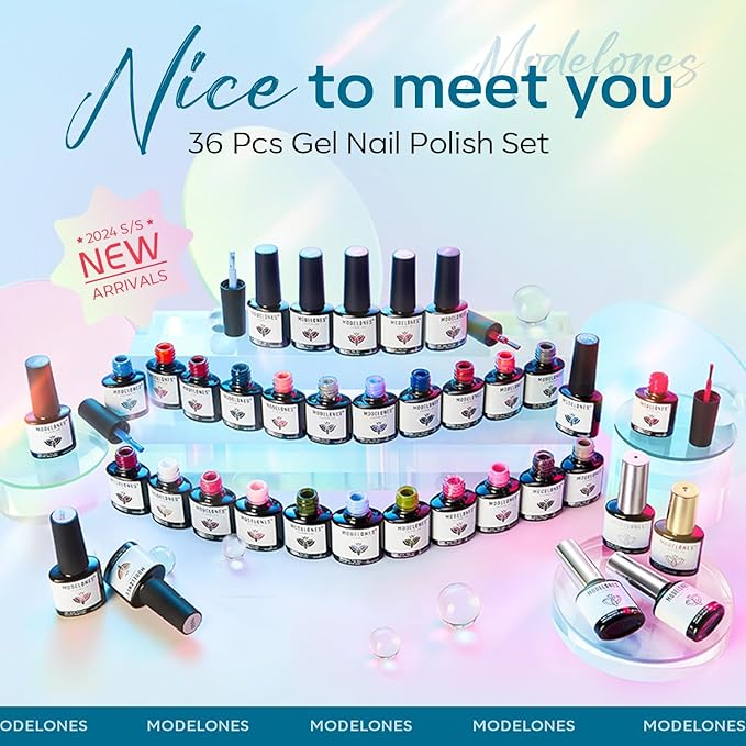 modelones 40 Pcs Gel Nail Polish Set, 36 Colors Nude Brown Green Red Gel Polish White Maroon Orange Blue Glitter Nail Polish with Base & Matte/Glossy/Glitter Top Coat LED Mani Gift