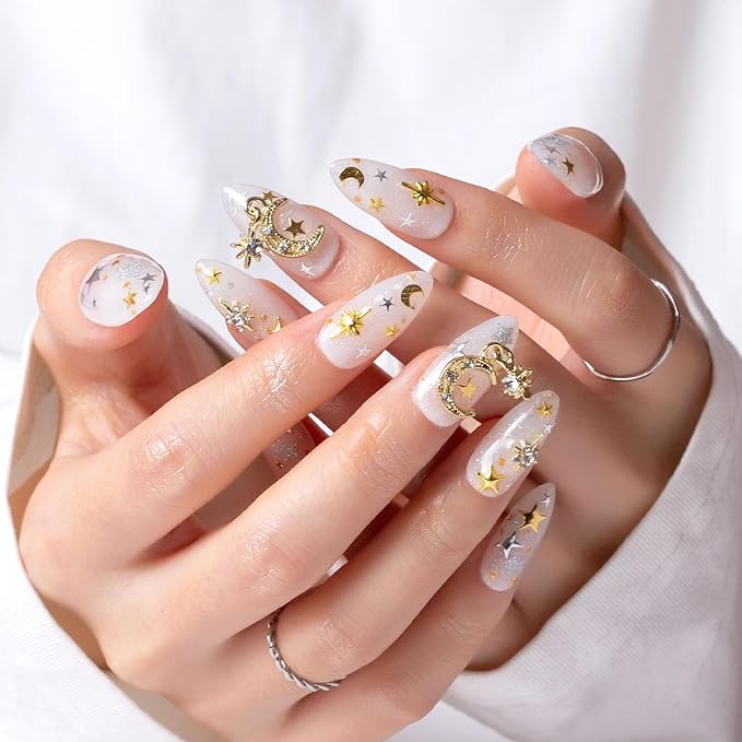 LOVFUL Press on Nails Celestial Radiance | Handmade with Full Covered Crystals | Reusable Full Cover Nails | Almond Regular 1.0 in | P006-S