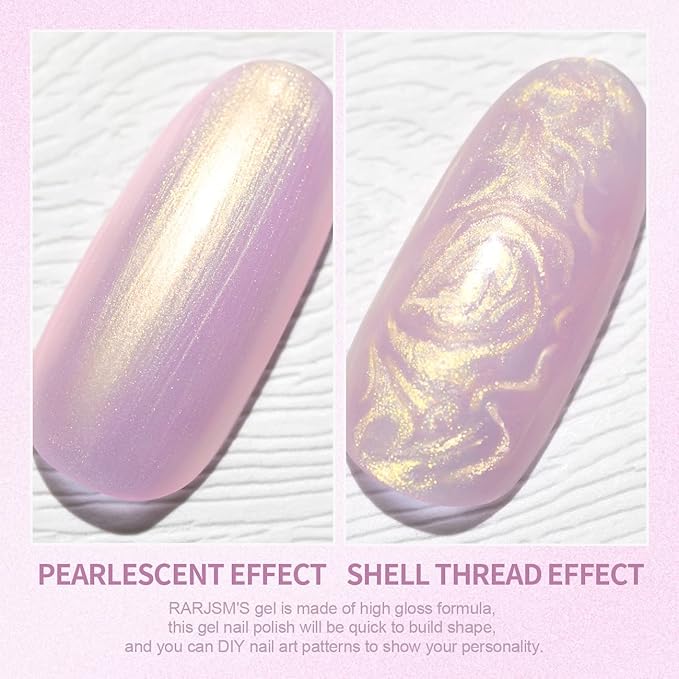 RARJSM Pearl Gel Nail Polish Lavender Purple Pearlescent Shell Gold Glitter Shimmer Mermaid Iridescent Nail Gel Polish Soak Off LED UV Curing Requires Swirl Thread Effect DIY Manicure Use 7.5ML