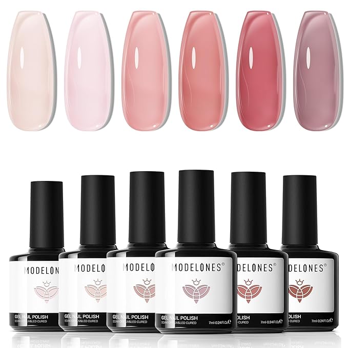 modelones Jelly Gel Nail Polish, 6 Colors Nude Gel Polish Milky White Pink Red Neutral Nail Art Design Translucent Kits Soak Off LED Nail Lamp Manicure Salon DIY Girls Women Gift