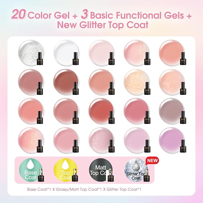 ROSALIND 24pcs Jelly Gel Polish Set with Gel Base and Matte Glossy Glitter Top Coat, 20 Colors Neutral Jelly Pink nude Sheer White Color Soak Off UV Gel Set Salon DIY