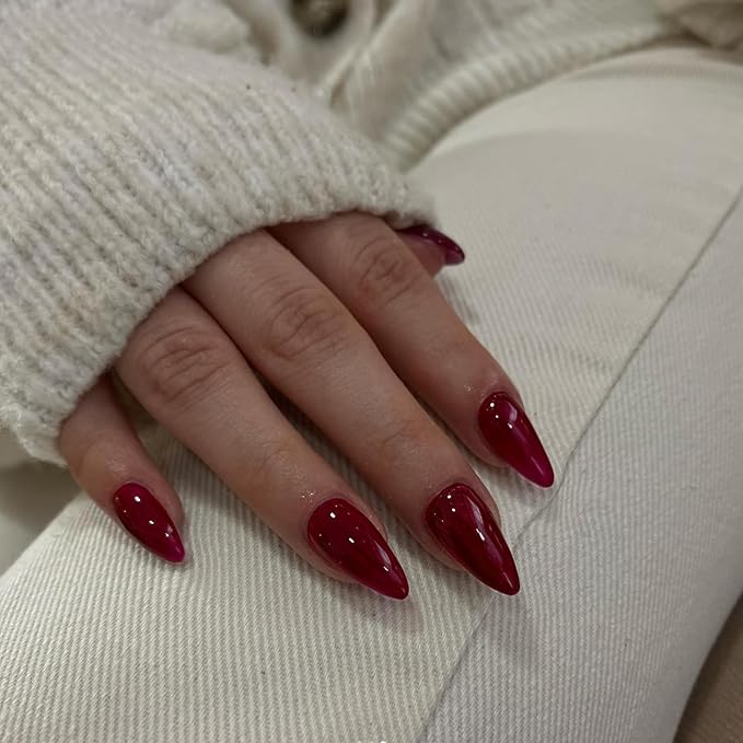 Wine Red Almond Shaped 48Pcs Neutral Thick Fake Nails - Reusable Acrylic Nails, Cherry Medium Almond, Medium Length Stiletto, Gel Finish