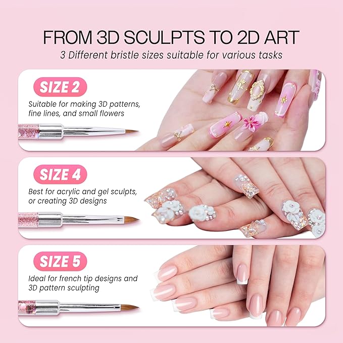 PANA 3D Kolinsky Nail Art Brush - Pink Glitter Handle, Size 4 - Acrylic Nail Art Sculpture Brush for Manicures Pedicure Salon Professional or Beginner