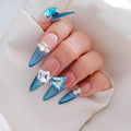 Luxury Long Stiletto Press-On Nails, Turquoise Blue Stiletto with 3D Crystals and Pearls, Handmade False Nail 10 Pieces (Large, LS)