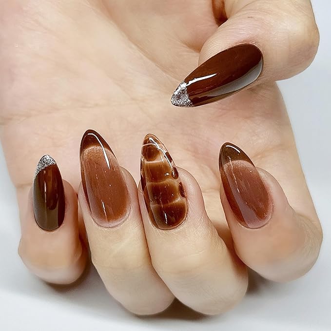 Press On Nails Medium Almond Brown Cafe with Silver Glitter French Tip & More| Reusable Soft Gel Nails in 15 Sizes -30 Nail Kit with Glue | Designed in L.A, Handmade in Vietnam | Espresso Chic