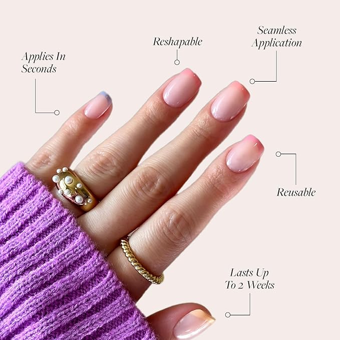 Glamnetic Press On Nails - Macarons | Short Squoval Fake Nails with Multicolored Pastel French Tips and Glossy Finish, Salon Quality | 15 Sizes - 30 Nail Kit with Glue