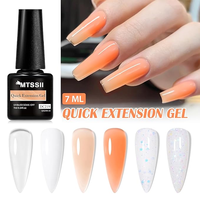 MTSSII Builder Nail Gel Kit: 6 Colors Thickening Builder Nail Gel Clear White Nude Glitter Nail Strengthener Soak Off UV Extension Gels with 100PCS Forms Brush Pen Manicure Tools Home Salon DIY
