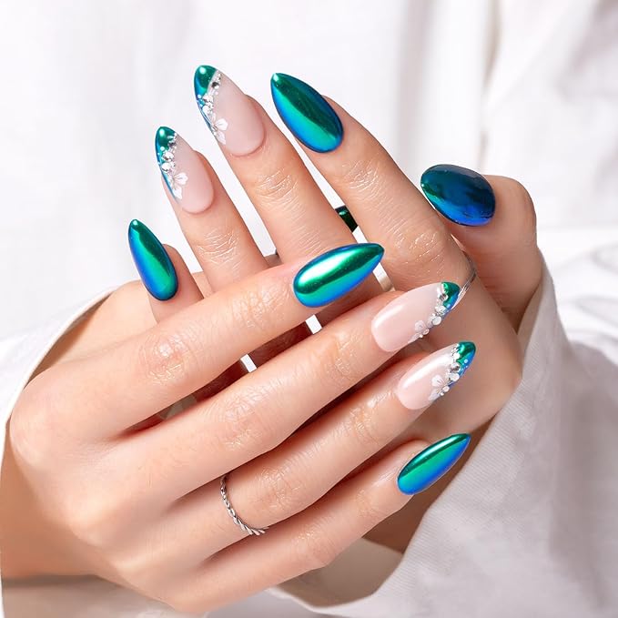 LOVFUL Press on Nails Opulent Allure | Handmade with Full Covered Crystals | Reusable Full Cover Nails | Almond Regular 1.0 in | P008-L