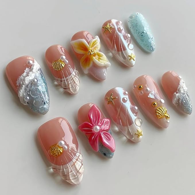 Luxury Press on Nails Medium Almond French Tip Handmade 3D Unique Reusable ABS Material Fake Nails Summer False Nails with Designs Plumeria Floral Art Petal Glossy Glue on Nails Thick Acrylic Nails(S)