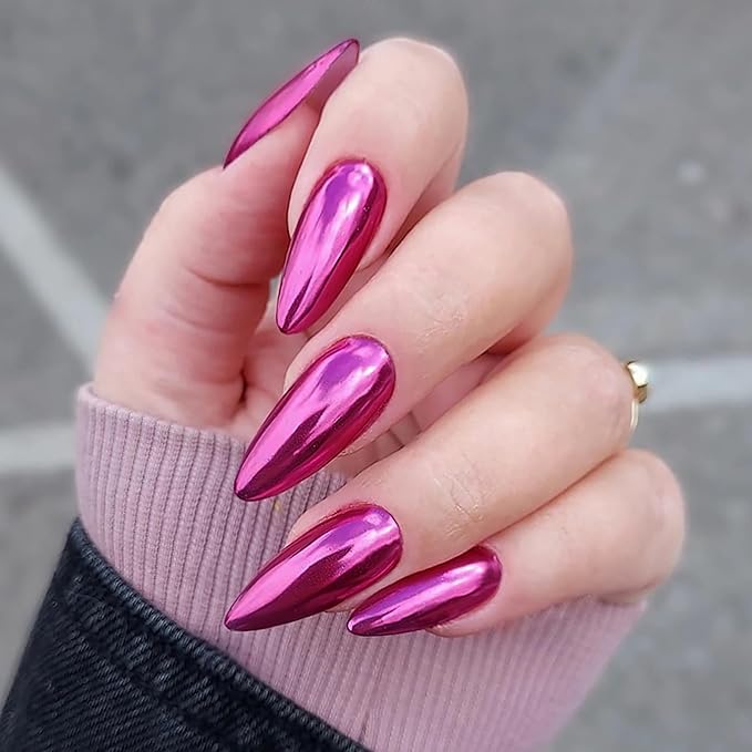 Chrome Press On Nails Almond, Metallic Purple Pink Mirrored Glue on Nails Medium Press Ons, Acrylic Natural Fit Stick on Nails in 12 Sizes - 24Pcs Fake Nail Kit for Women Daily & Party Wear