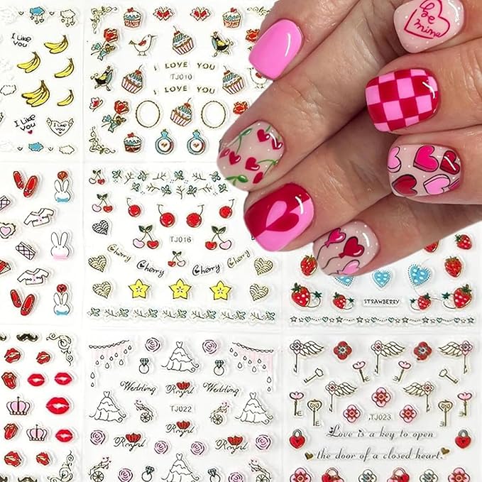 30 Sheets Valentine's Day Nail Art Stickers Decals Self-Adhesive Nail Decals Heart & Rose Designs Nail Supplies Lip Nail Decoration Accessories for Women