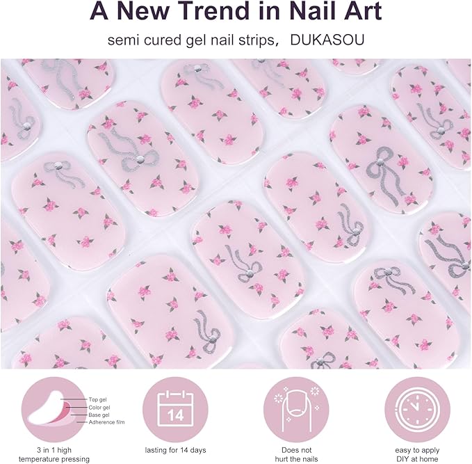 Semi Cured Gel Nail Strips,28 pcs Cute Bows Gel Nail Stickers with UV Light Required,Long Lasting Nail Art Stickers, Easy to Apply（Pink）