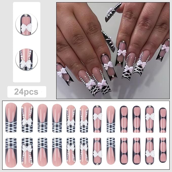 Square Press on Nails Long Black Fake Nail 3D Bow and Rhinestones Acrylic Nail Press ons Stripes Stick on Nail for Women 24pcs