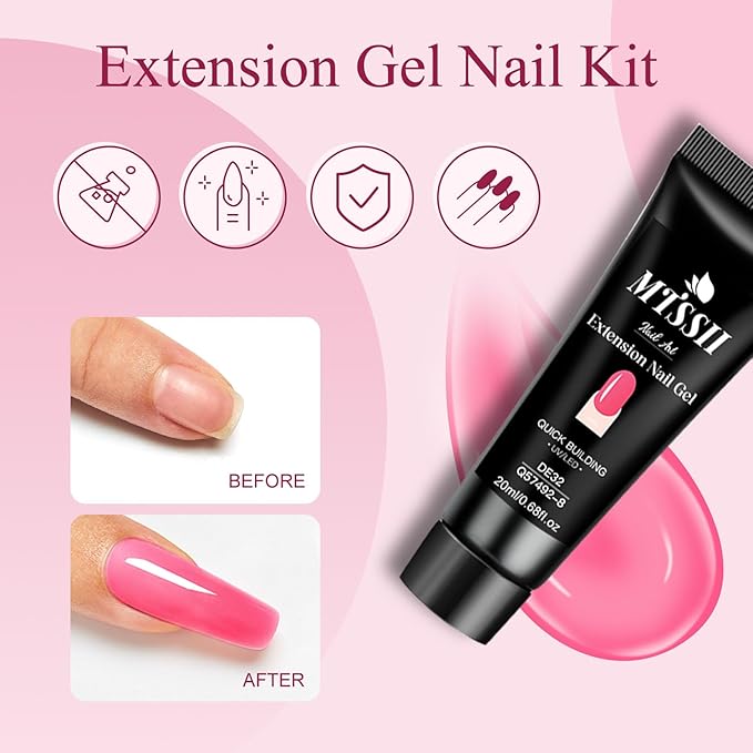MTSSII 15Pcs Gel Nail Polish Set 6Pcs Gel Polish + 3Pcs Poly Nail Extension Gel Pink Purple with Slip Solution, Dual-Ended Brush for Polygel Nail Art Salon DIY Beginner Kit