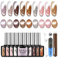 Gel Nail Polish Set, Cat Eye Gel Polish Kit, Holographic Reflective Magnetic Shimmer Glitter Brown White Pink Skin Tones Black Gel, Manicure Salon DIY Gifts, Soak Off, UV/LED Cured (9 Colors D)