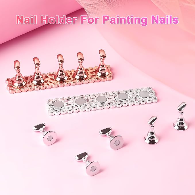 ANGNYA 2 Set Nail Stand for Press Ons, Strong Magnetism Nail Holder for Painting Nails with with 200PCS Nail Sticky Tabs, Nail Display and Practice Stand for Home DIY Beginner Salon Supplies