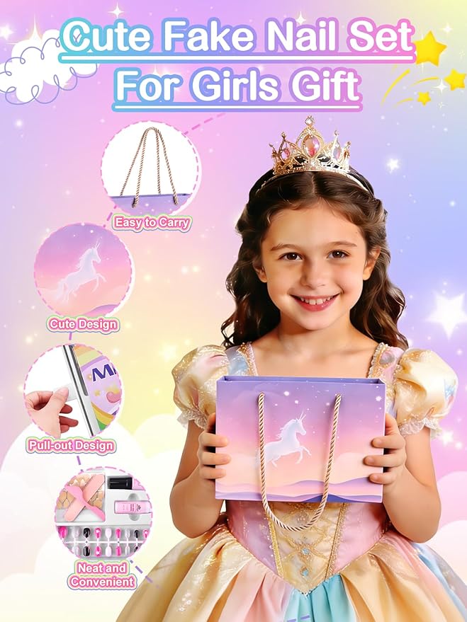 EBANKU 156 Pcs Press on Nail Kids Gift Box, 6 Pack Cute Patterns Kid Flase Nails Kit with Nail Glue Set Fake Nail for Girls 5-10 Years Christmas Gift Set