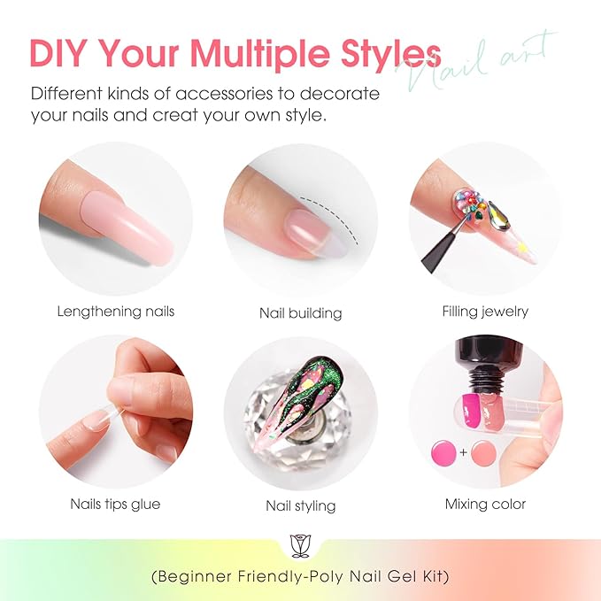 ROSALIND Poly Nail Gel Kit -24 Colors + Pink Brown with Accessories Clear Nude Poly Nails Gel Starter Kit with Mini UV Lamp Slip Solution Base Top Coat Nude Pink Extensions Set